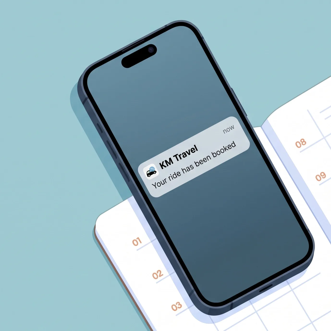 KM Travel phone notification: your ride has been booked